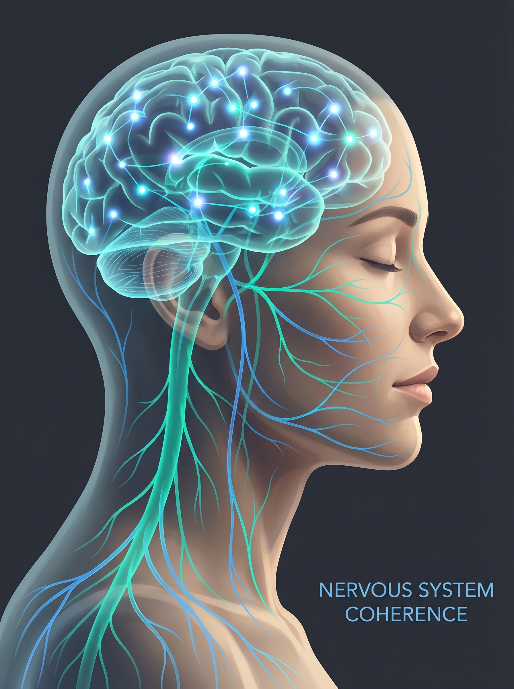 Human face with nervous system visualization in teal and blue